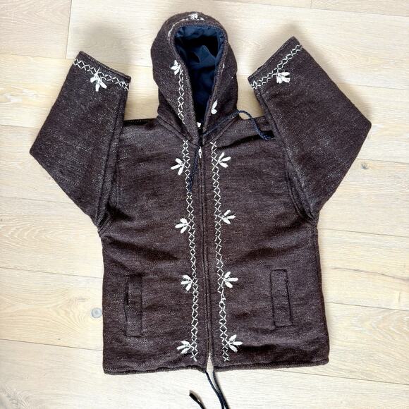 Vintage Brown Embroidered Wool Coat Women's S Full Zip Jacket Hooded - Picture 1 of 10